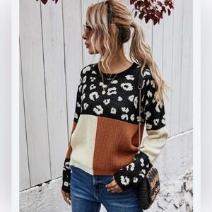 Andree Colorblock Animal Print Drop
Shoulder Sweater